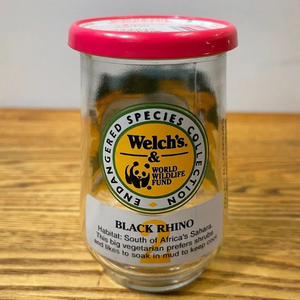 Welch’s Jelly Jar Glass Black Rhino with Lid – 1990s Endangered Species Series